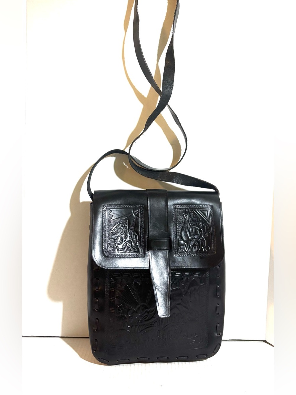 Handmade unisex Black Embossed Leather Crossbody Bag -